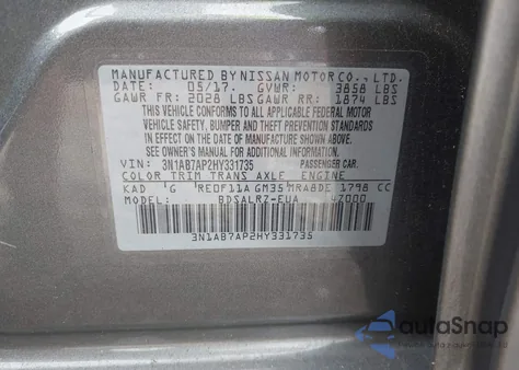 2017 Nissan Sentra Sr z USA, uszkodzony, nr VIN 3N1AB7AP2HY331735